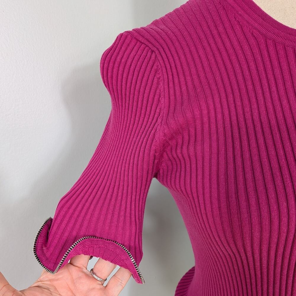 Alexander Wang Sweater Top M Pink Zipper Ruffle Ribbed Knit Short Sleeve Glam - Picture 7 of 13